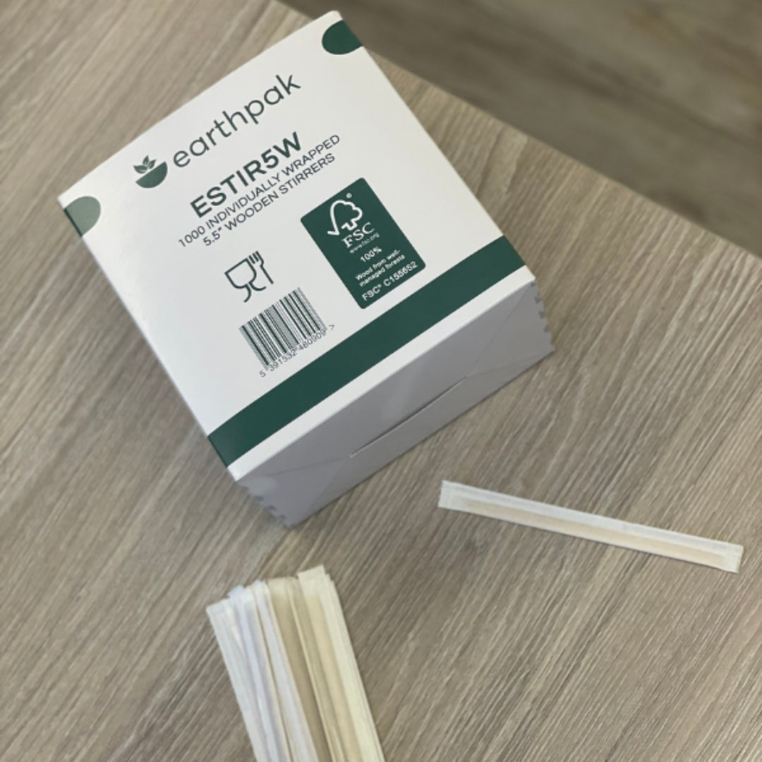 Earthpak 5.5in Wooden Stirrer Wrapped FSC | ESTIR5W